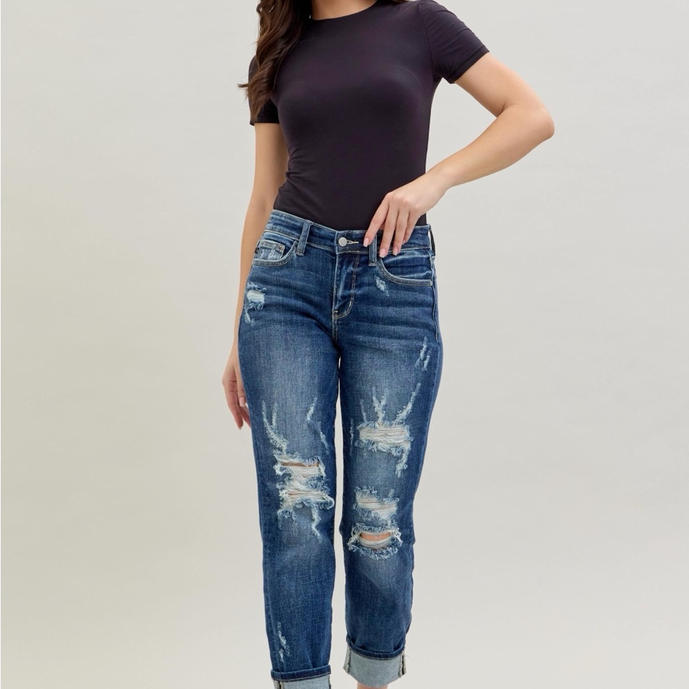 Judy Blue Full Size Mid Rise Cuffed Destroy Bf Jeans
